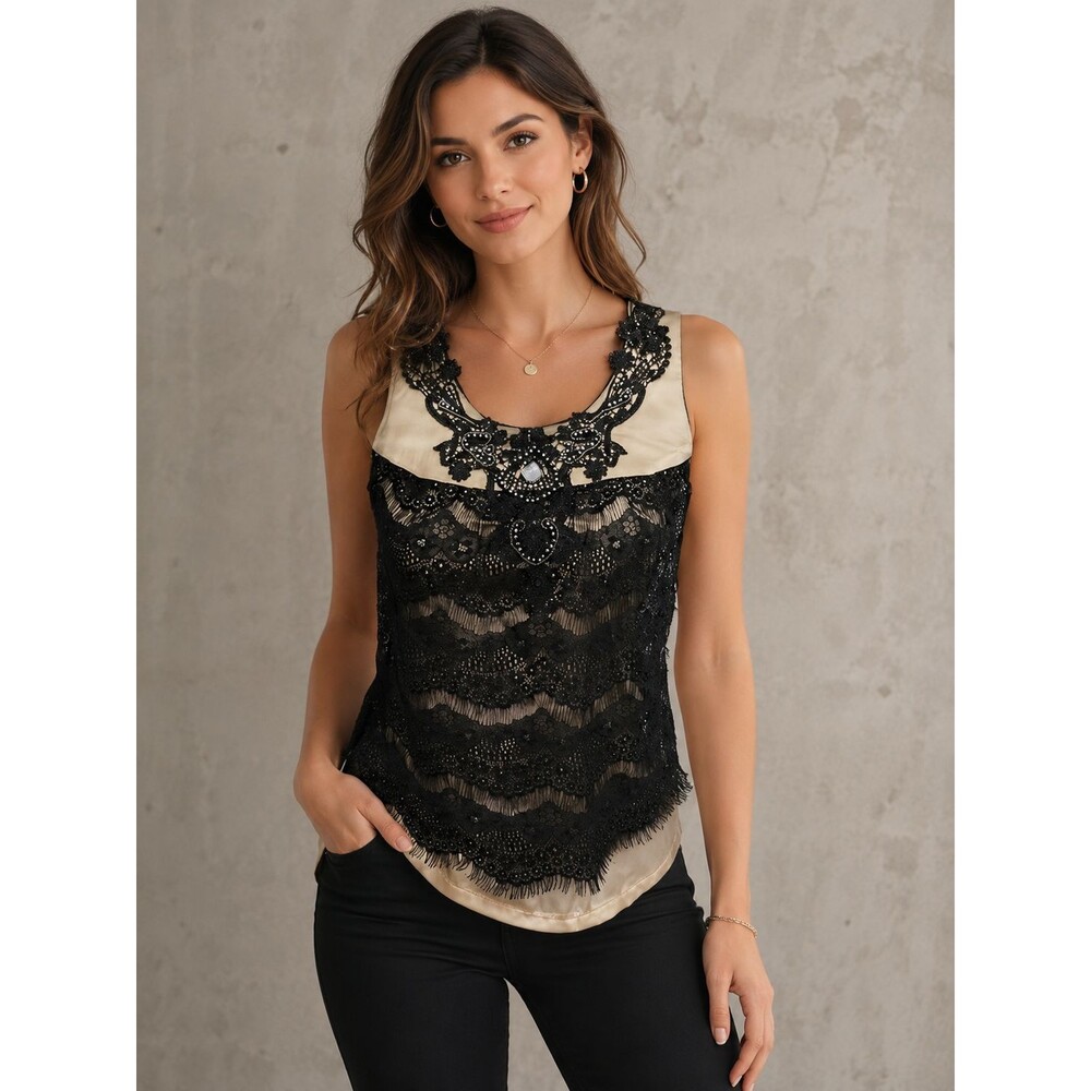 Studio Y Womens Small Black Lace Sparkle Embellished Tank Top Party Evening Cami